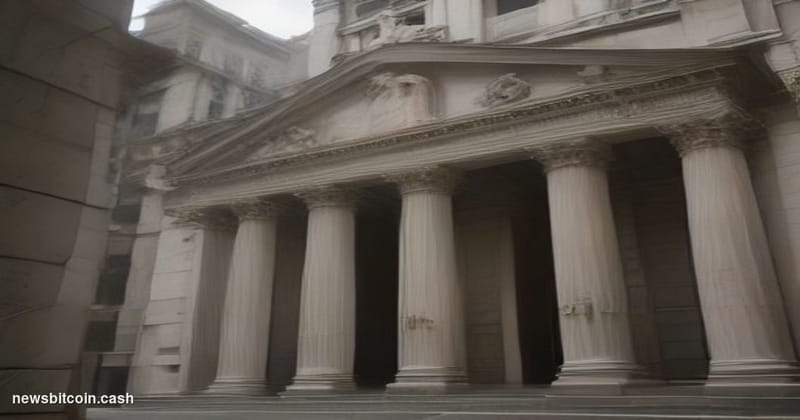 Cinematic photorealistic editorial photograph of the Bank of England's neoclassical stone facade on Threadneedle Street in Lo
