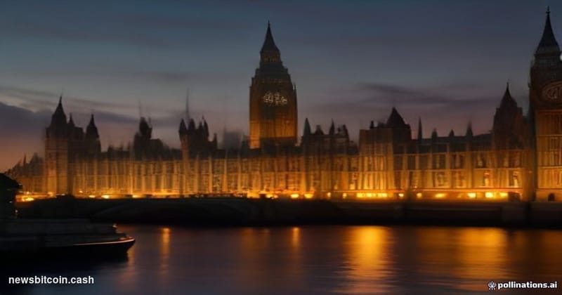 Cinematic photorealistic editorial photograph of the Palace of Westminster in London at dusk, shot from across the River Tham