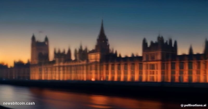 Cinematic photorealistic editorial photograph of the Palace of Westminster at dusk, shot from across the River Thames with a 