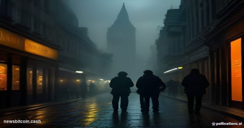 Cinematic photorealistic editorial photograph of a London street-level financial district storefront at dusk, with Metropolit