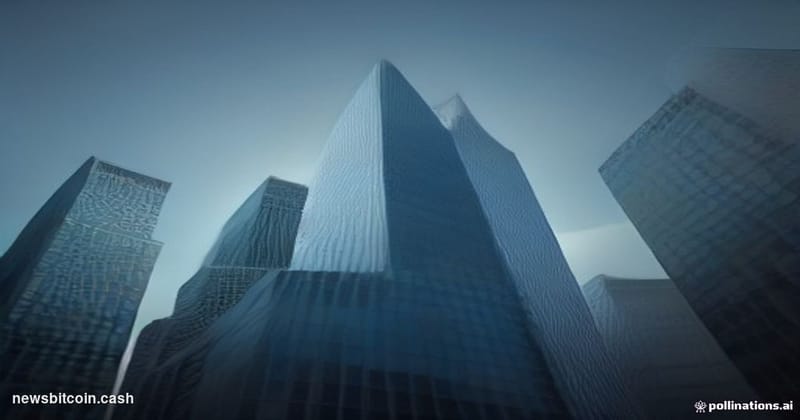 Cinematic photorealistic editorial photograph of UniCredit's iconic Milan headquarters building facade shot from a low angle 