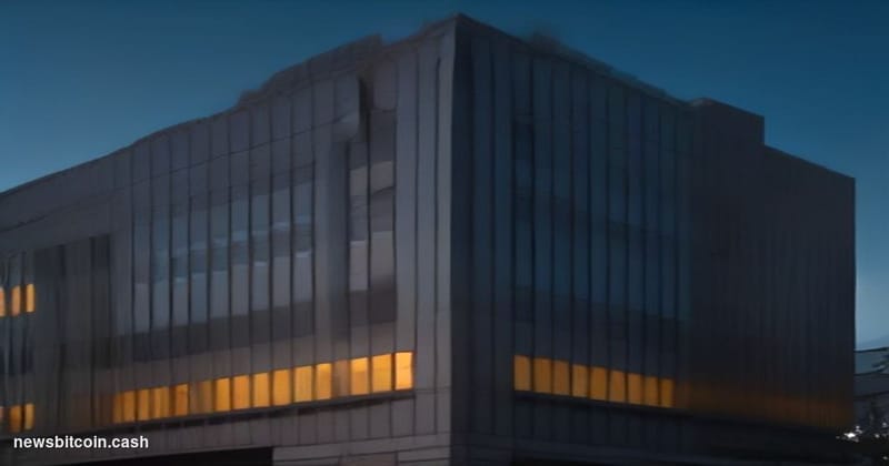 Cinematic photorealistic editorial photograph of a monolithic U.S. Bank branch exterior at dusk, shot from a low angle lookin
