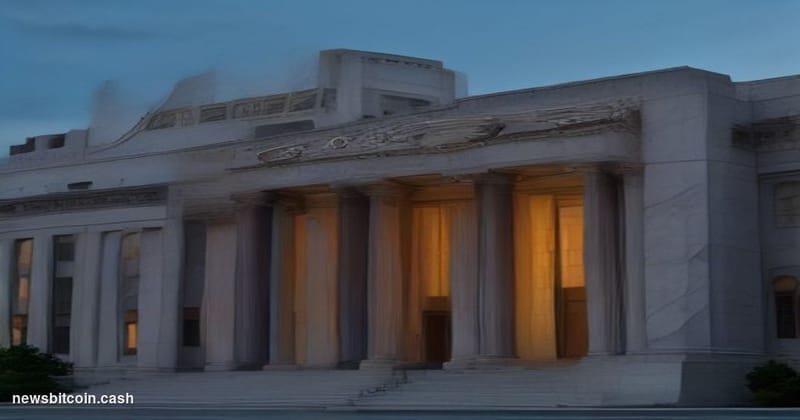 Cinematic photorealistic editorial photograph of the Herbert C. Hoover Building — the US Department of Commerce headquarters 