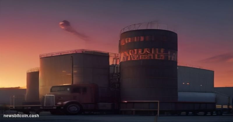 Cinematic photorealistic editorial photograph of a large American diesel fuel pump station shot from a low angle at dusk, wit