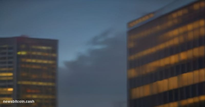 Cinematic photorealistic editorial photograph of Visa's Foster City, California corporate campus at dusk, shot from a low ang