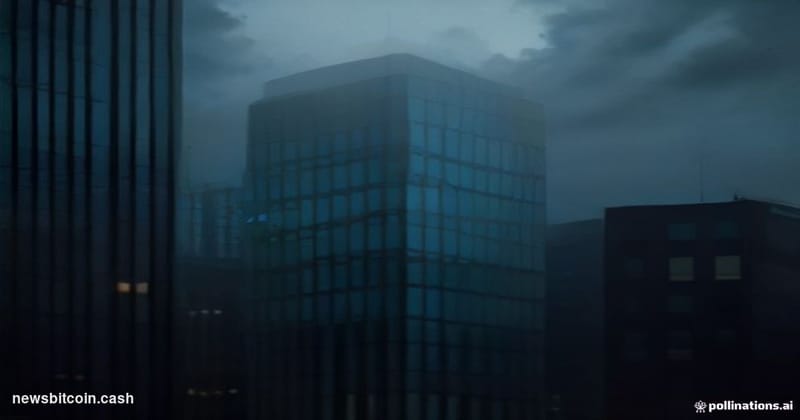 Cinematic photorealistic editorial photograph of a Visa corporate headquarters building exterior — the iconic blue and gold V