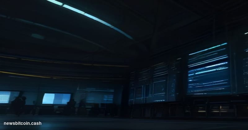 A cinematic photorealistic editorial photograph shot at ground level looking up at a server infrastructure facility at night,