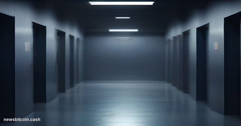 Cinematic photorealistic editorial photograph, dramatic low-angle shot of a sleek server room corridor bathed in cold blue-wh