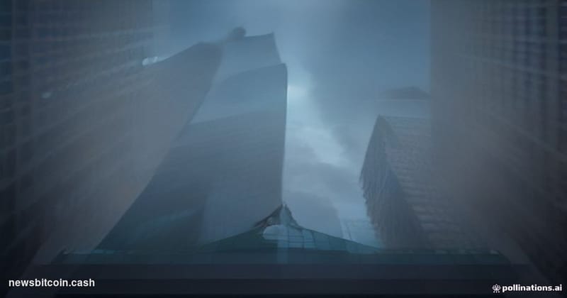 Cinematic photorealistic editorial photograph shot at a slight low angle looking up at the glass and steel facade of a major 