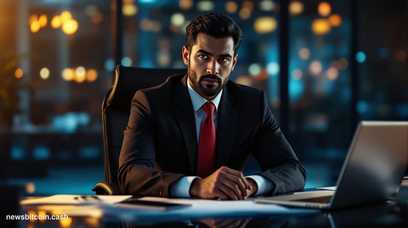 A cinematic photorealistic editorial photograph inside a sleek, dimly lit corporate boardroom with floor-to-ceiling glass wal