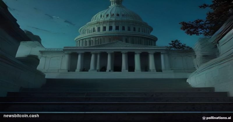 Cinematic photorealistic editorial photograph of the United States Capitol building at dusk, shot from a low angle looking up