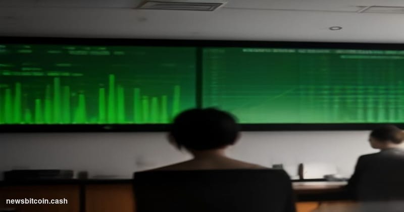 Cinematic photorealistic editorial photograph of a large digital trading screen displaying a sharp upward price chart for ZEC