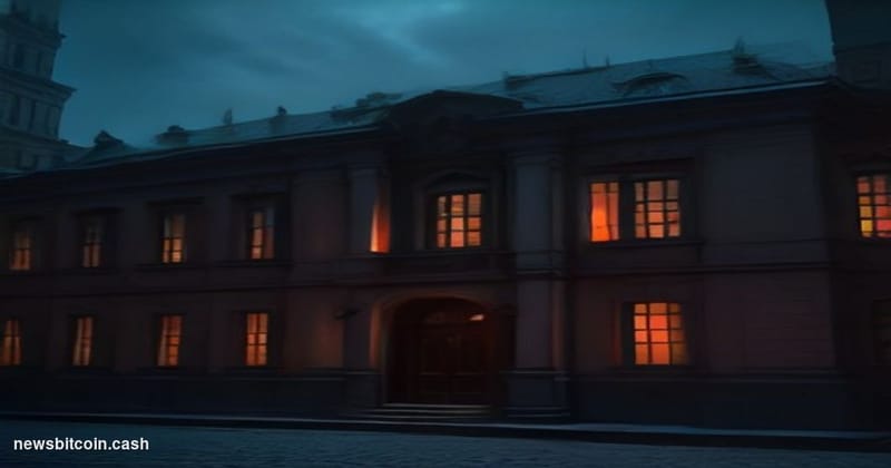 A photorealistic editorial photograph depicting the exterior of a Warsaw, Poland financial district building at dusk, with dr