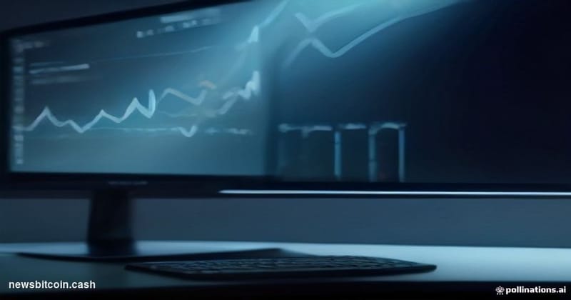 Cinematic photorealistic editorial photograph of a sleek, dark-toned trading floor environment lit by the blue-white glow of 
