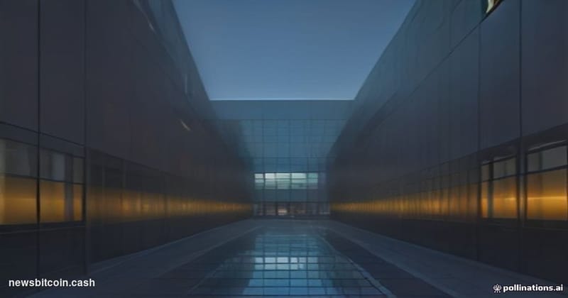 A cinematic photorealistic editorial photograph of a sleek, modern Silicon Valley corporate campus at dusk, identifiable as a