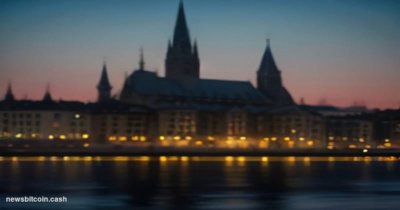 Cinematic photorealistic editorial photograph of Zurich's iconic financial district at dusk, with the Grossmünster cathedral 