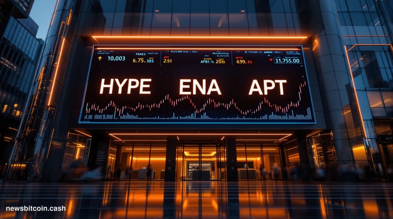 A cinematic photorealistic editorial photograph shot at ground level looking up at a large financial data display screen moun