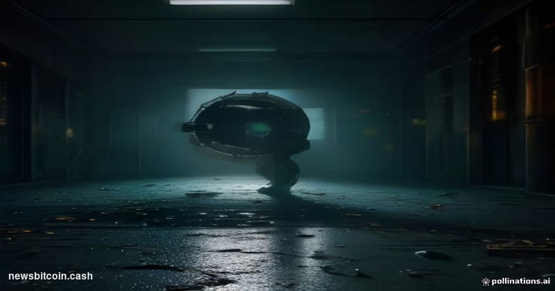 Cinematic photorealistic editorial photograph of a cracked, dark digital vault door rendered as a physical object in a dimly 
