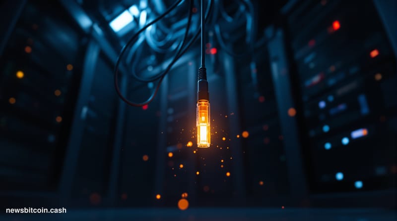 A cinematic photorealistic editorial photograph shot from a low angle looking up at a massive industrial network switch or se
