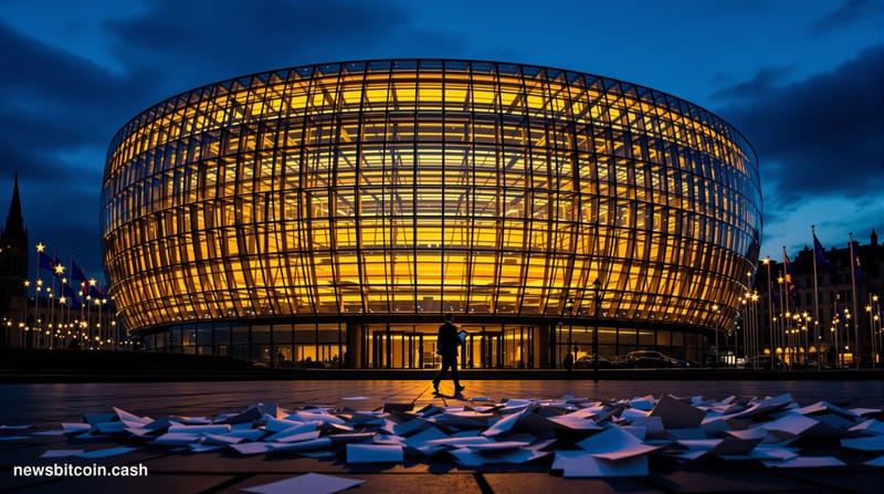 Cinematic photorealistic editorial photograph of the European Parliament building in Strasbourg, France, shot at dusk from a 