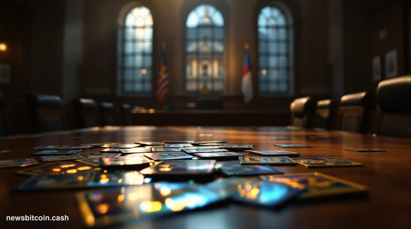 Cinematic photorealistic editorial photograph set inside a dimly lit New York federal courtroom, dramatic side-lighting casti