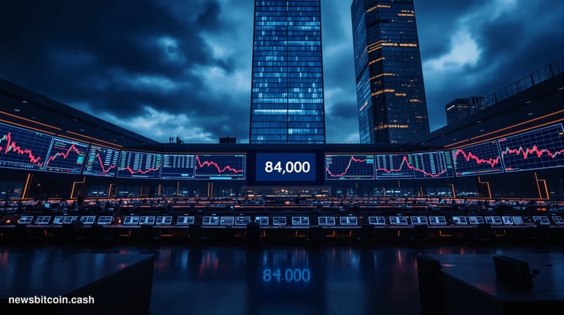 Cinematic photorealistic editorial photograph of a large digital trading floor at night, screens displaying sharp red downwar