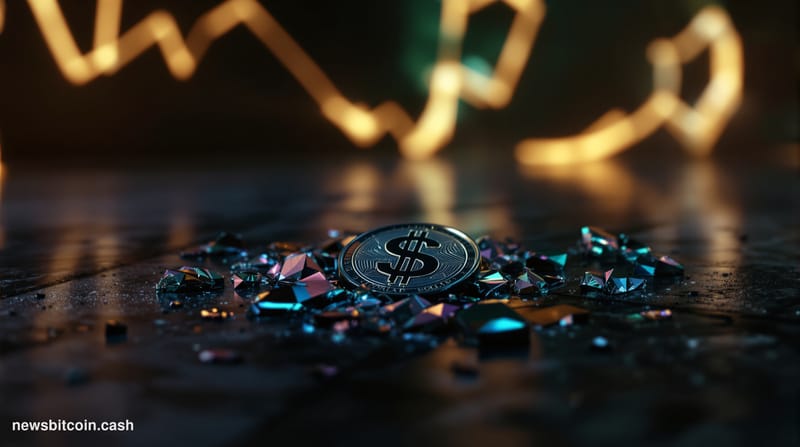 A cinematic photorealistic editorial photograph of a shattered glass dollar coin lying on a dark stone surface, its fragments