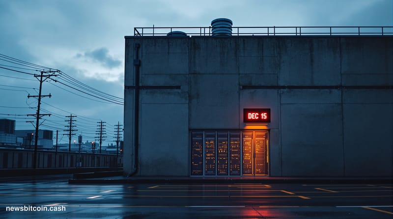 A cinematic photorealistic editorial photograph shot at dusk from a low angle, looking up at a brutalist concrete data center