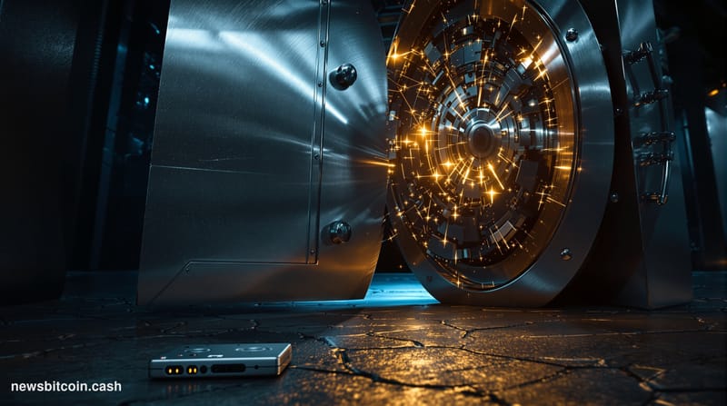 A cinematic photorealistic editorial photograph shot at a dramatic low angle looking up at a reinforced steel vault door, par