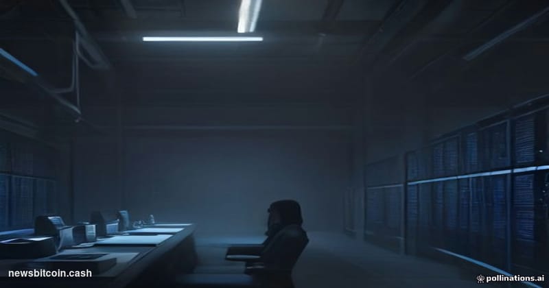 A cinematic photorealistic editorial photograph shot inside a vast, dimly lit server facility bathed in cold blue-white ambie