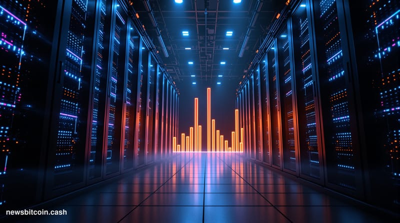 Cinematic photorealistic editorial photograph of a tense geopolitical technology standoff visualized as two massive supercomp