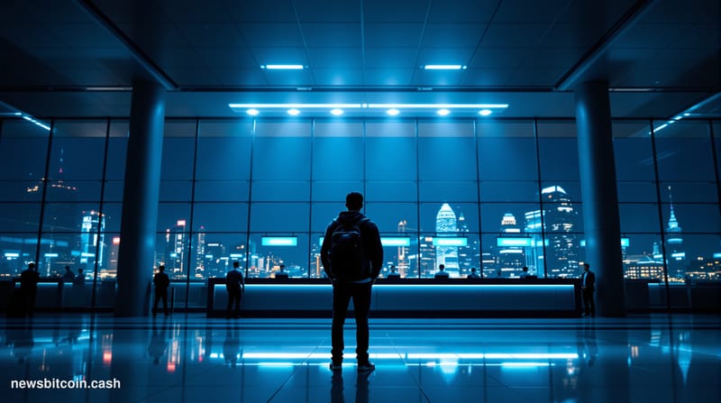 Cinematic photorealistic editorial photograph of Singapore's Changi Airport international arrivals hall at night, dramatic ov