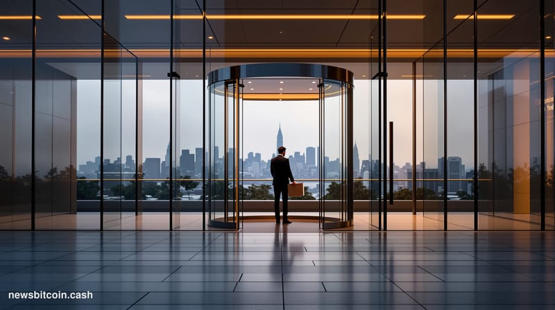 Cinematic photorealistic editorial photograph of a sleek institutional financial technology office exterior in San Francisco,