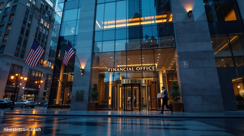 Cinematic photorealistic editorial photograph of a modern financial district office building exterior at dusk, shot from a lo