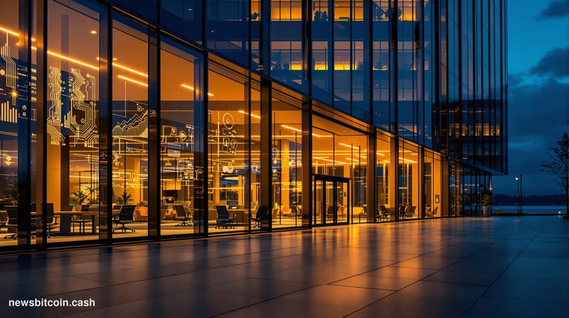 Cinematic photorealistic editorial photograph of a modern institutional bank headquarters at dusk, shot from a low angle look