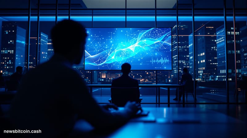 Cinematic photorealistic editorial photograph of a sleek, dimly lit modern tech office interior at night, with a large glowin