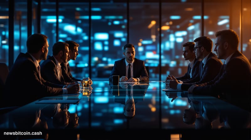 A cinematic photorealistic editorial photograph showing a modern glass-walled conference room during a tense boardroom meetin