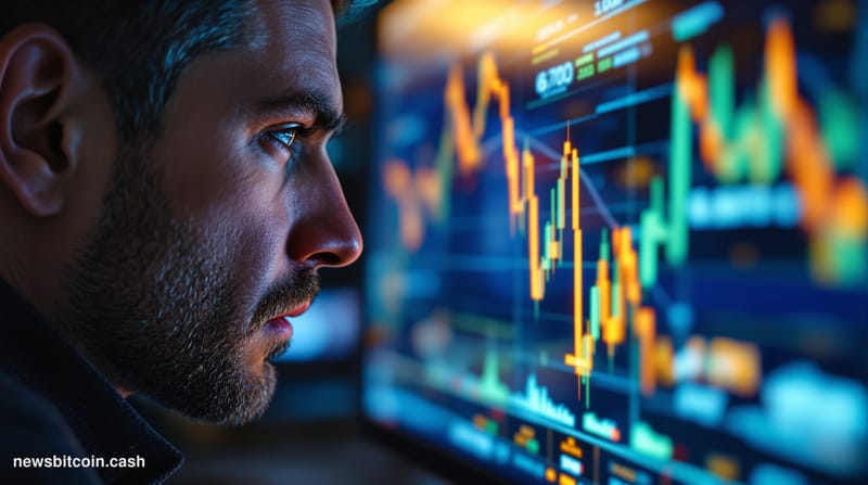 A cinematic photorealistic editorial photograph of Bitcoin trading screens displaying red candlestick charts showing the pric
