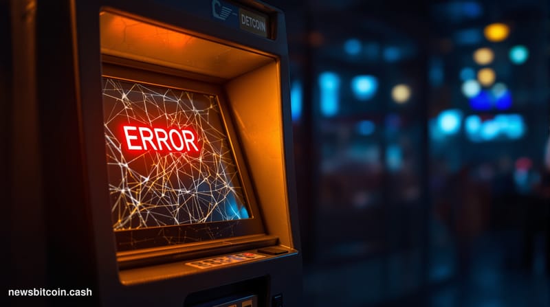 A cinematic photorealistic editorial photograph showing a Bitcoin ATM kiosk in an abandoned or closing retail location, shot 