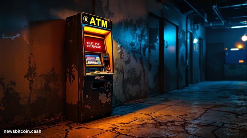 A cinematic photorealistic editorial photograph of a Bitcoin ATM kiosk in an empty convenience store or gas station, dramatic
