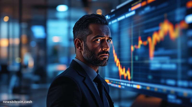 A dramatic cinematic photorealistic editorial photograph showing a massive electronic trading floor or financial district at 
