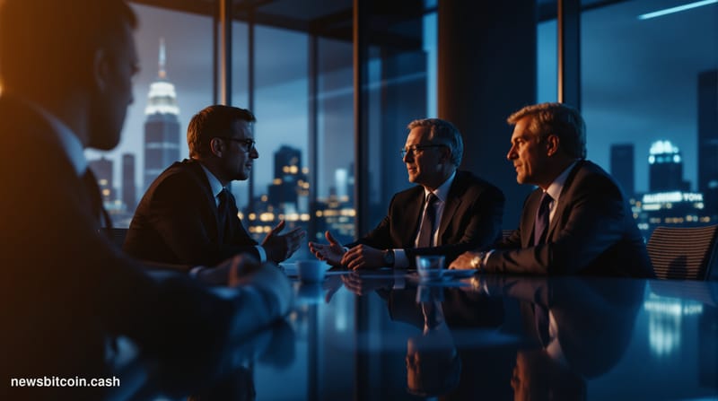 A cinematic photorealistic editorial photograph showing the iconic New York Department of Financial Services building in down