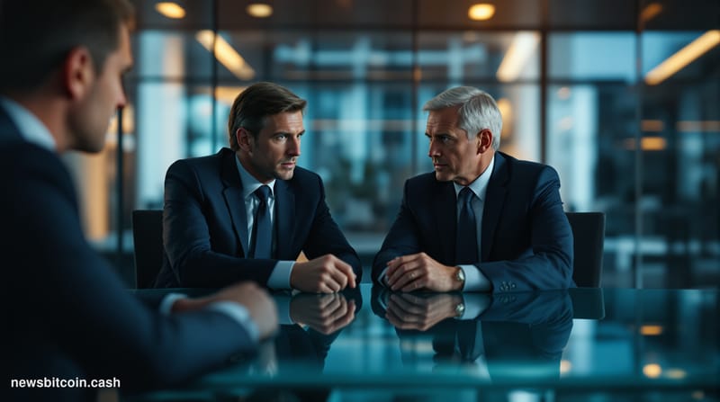 A cinematic photorealistic editorial photograph showcasing the intersection of traditional finance and cryptocurrency regulat