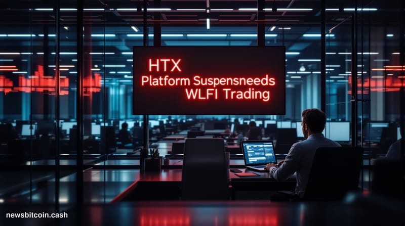 A cinematic photorealistic editorial photograph showing a modern cryptocurrency exchange trading floor in crisis mode, with m