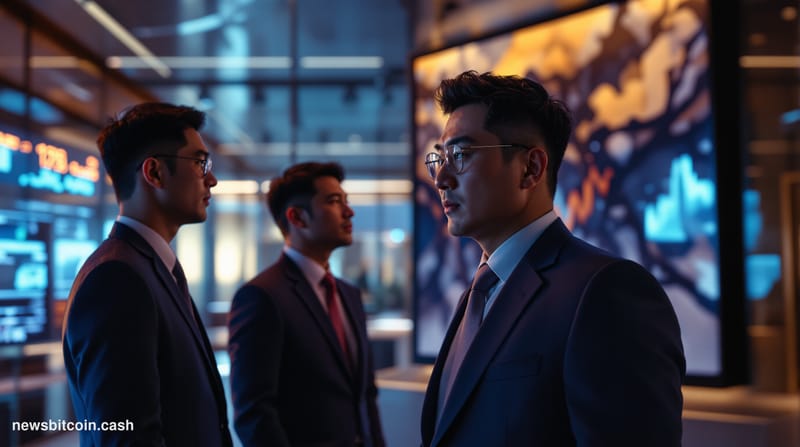 A cinematic photorealistic editorial photograph capturing Seoul's financial district at dusk, with the imposing glass towers 