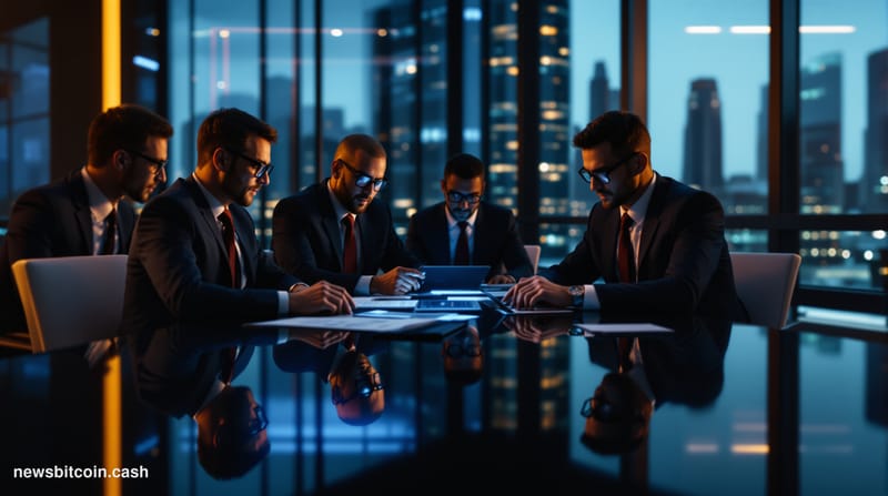 Cinematic photorealistic editorial photograph of a modern fintech company headquarters at golden hour, showing a sleek glass 