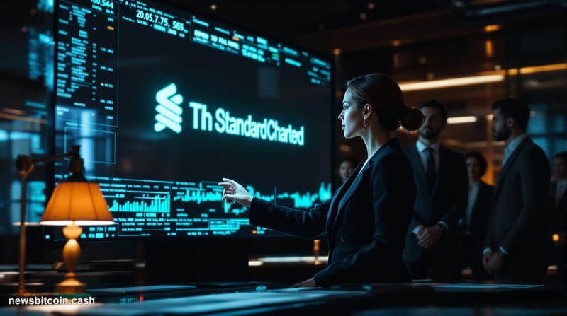 A cinematic photorealistic editorial photograph of Standard Chartered's imposing London headquarters building facade shot fro