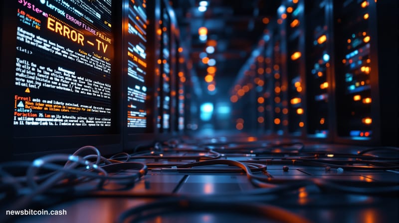 A cinematic photorealistic editorial photograph showing a modern data center server room in partial darkness, with rows of se