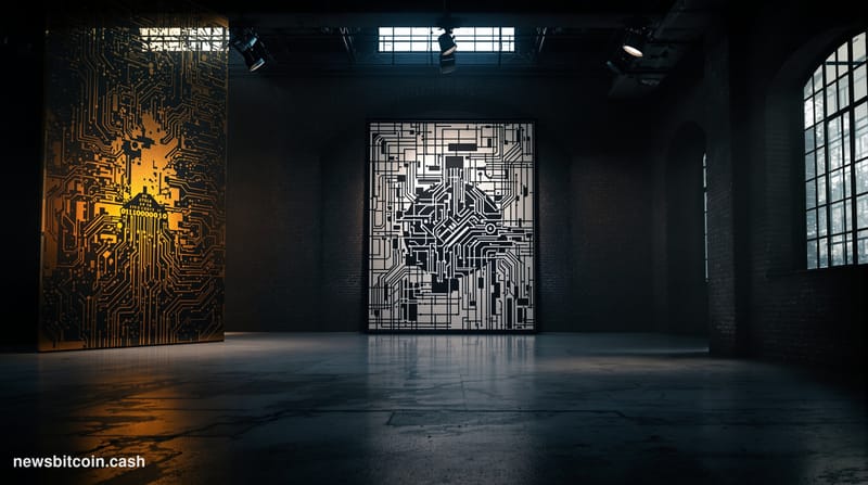 A cinematic photorealistic editorial photograph set in a dimly lit European underground art gallery, reminiscent of Amsterdam