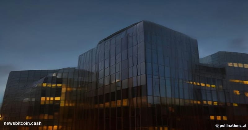 A cinematic photorealistic editorial photograph of the Aviva corporate headquarters in London, shot at dusk with dramatic low